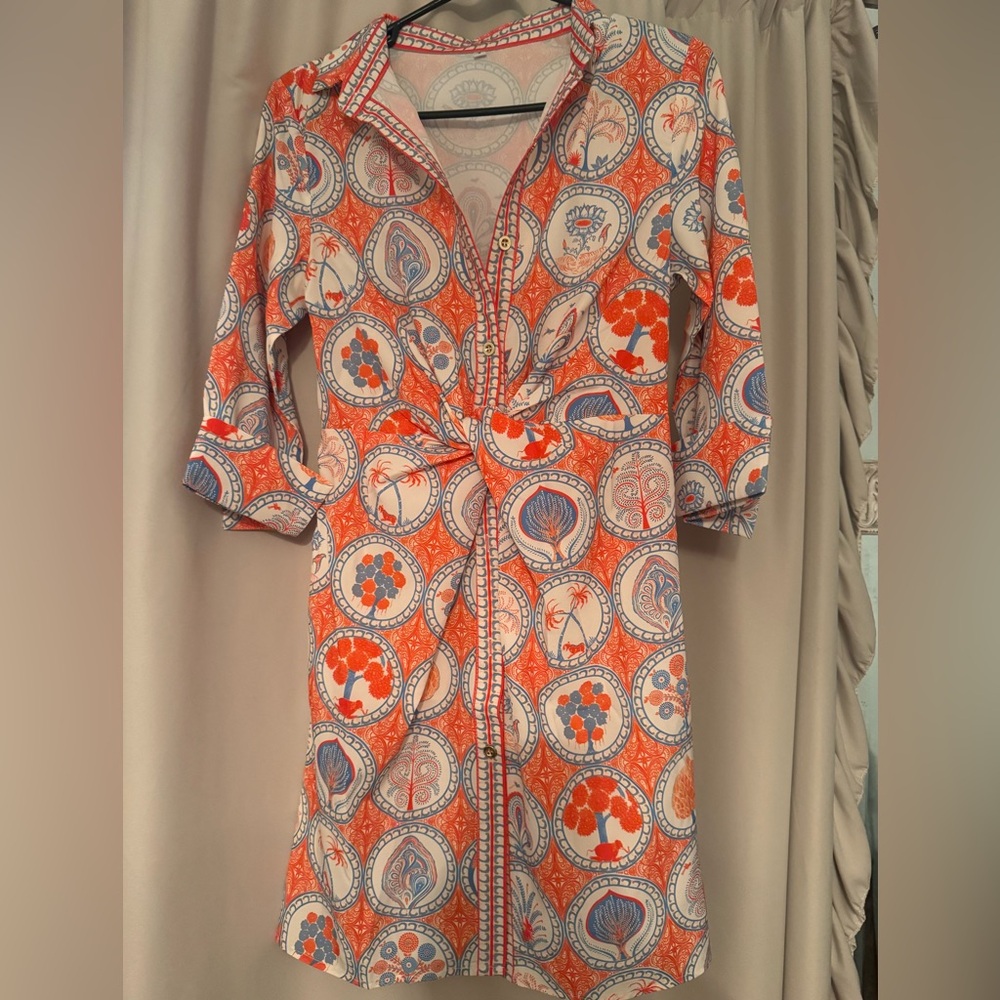 Orange and Blue Printed Knot-Front Dress
